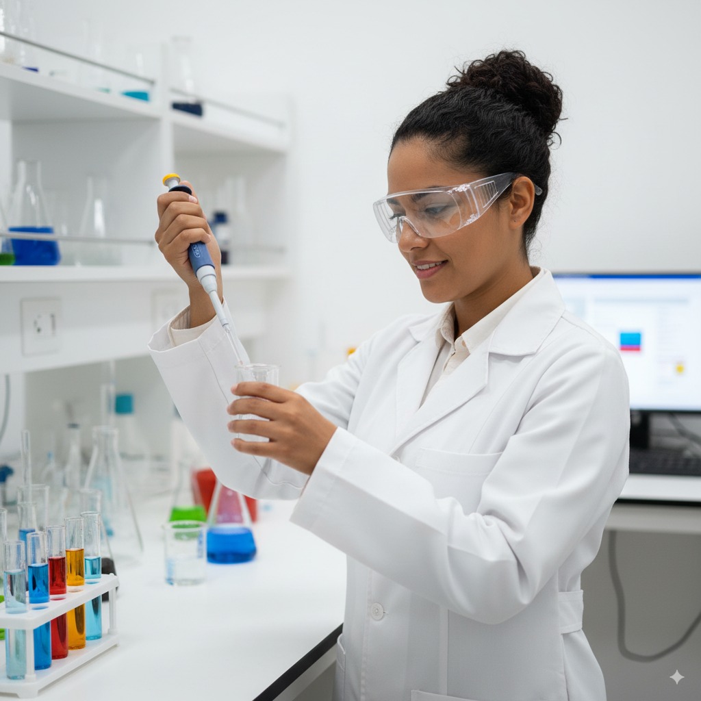Mujer asiática en laboratorio con bata blanca y gafas de seguridad