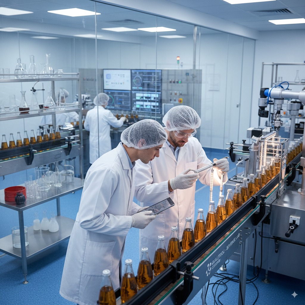 Profesionales de laboratorio revisando botellas en línea de producción